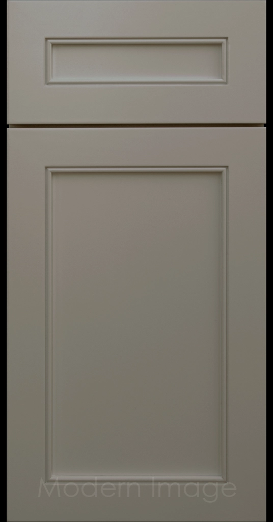 Highland Wind matte painted Shaker kitchen cabinet door with wide rails and a flat center panel.